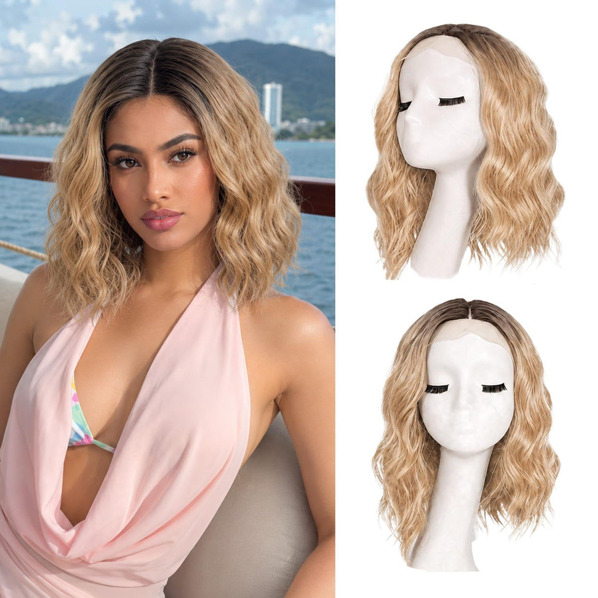 Short Wavy Wig with Bangs Black Mixed Brown Bob Curly Wigs for Women 14inch