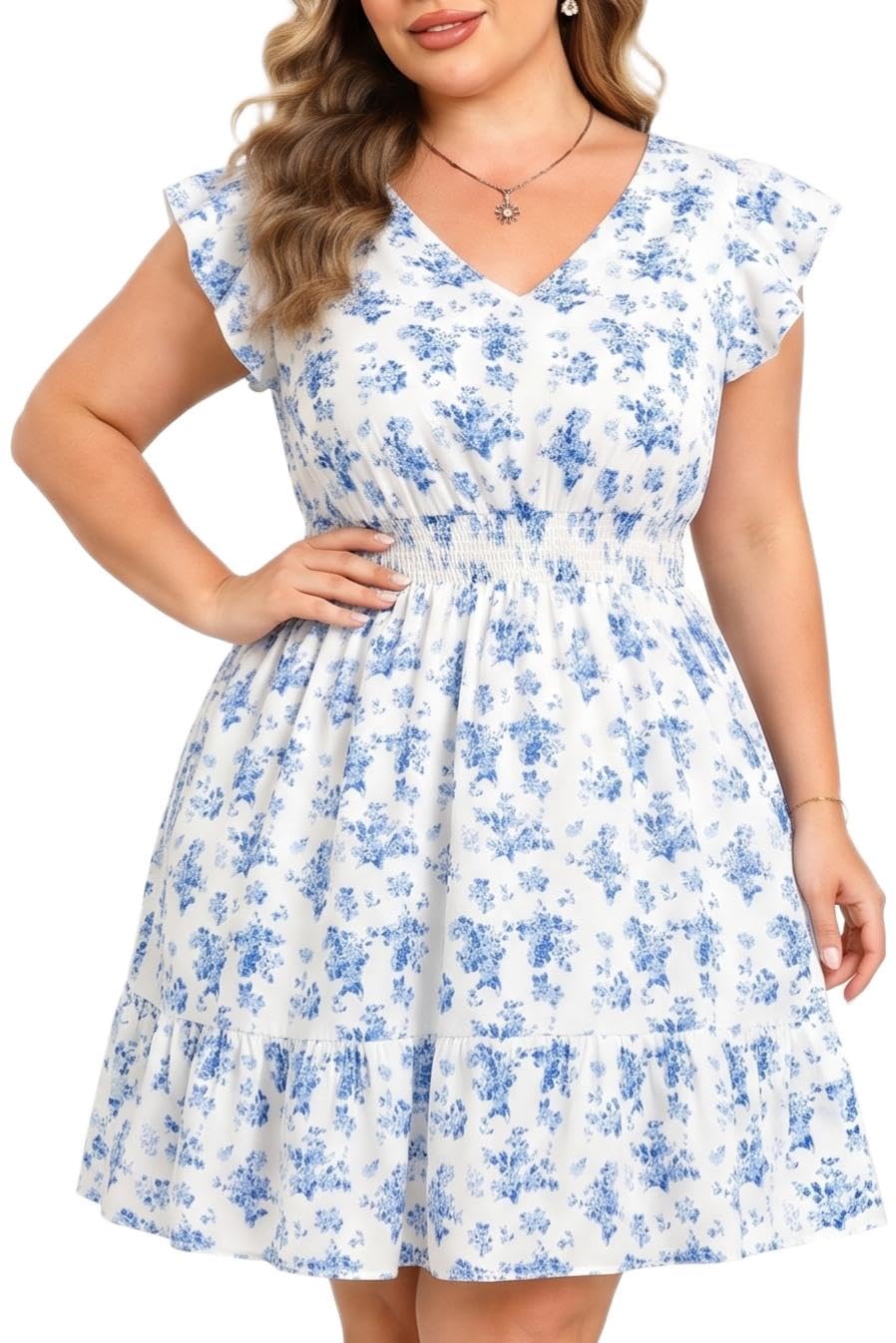 Talisea Womens Plus Size V Neck Ruffle Sleeve Flowy Summer Dress