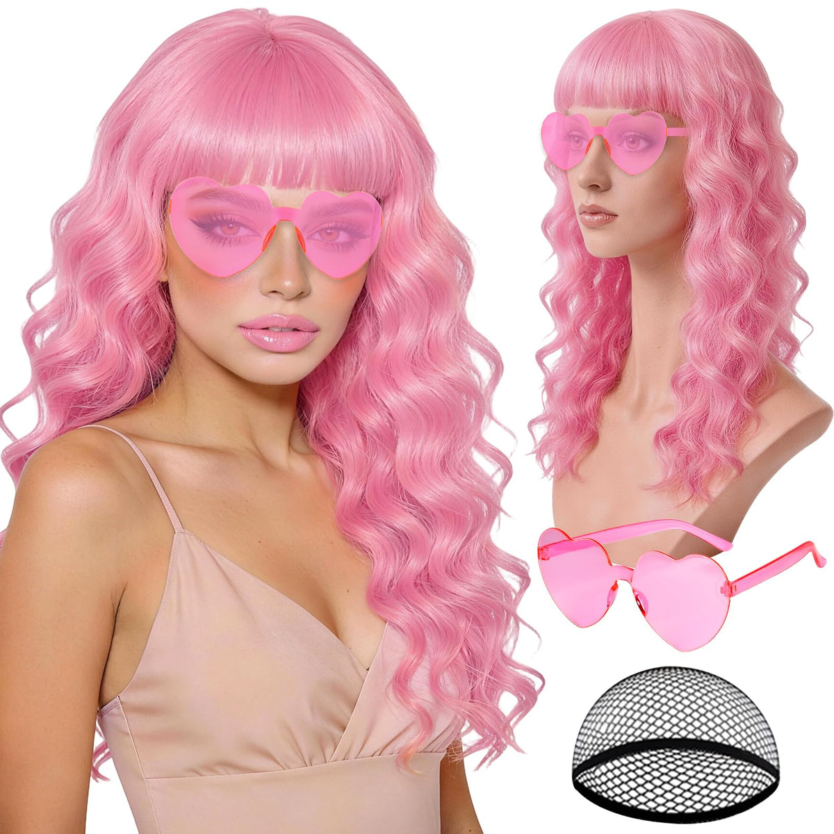 Purple Wig for Women Long Wavy Hair with Heart Sunglasses, Colorful Curly Wigs with Bangs for Birthday Nightclubs Music Festival Photography Funny Bachelorette Mardi Gras Party Supplies