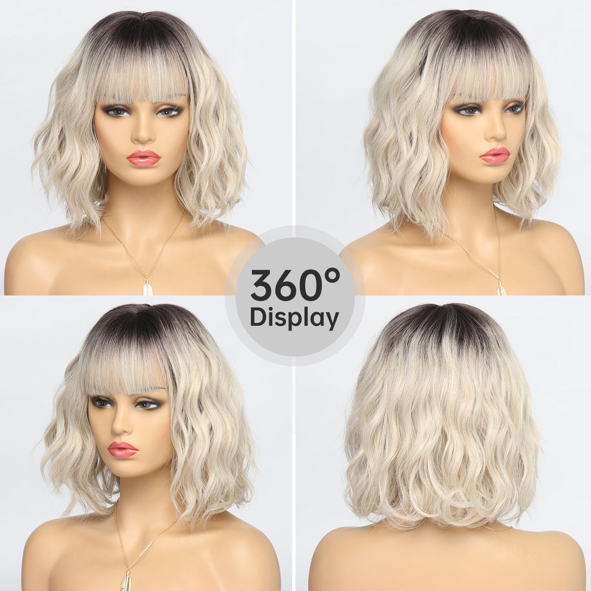 White Silver Wigs for Women Ombre Grey Wavy Bob Short Wigs with Bangs Medium Length Synthetic Hair Water Wave Dark Roots Wig Gray Colorful Wigs（14 Inches）