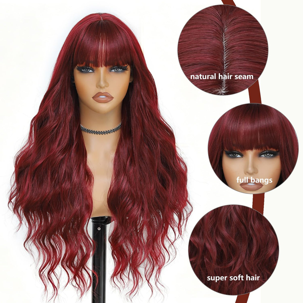 Burgundy Wig with Bangs for Women, Long Wavy Red Wig 26 Inch Wigs Heat Resistant Sythetic Wig for Daily Party Use