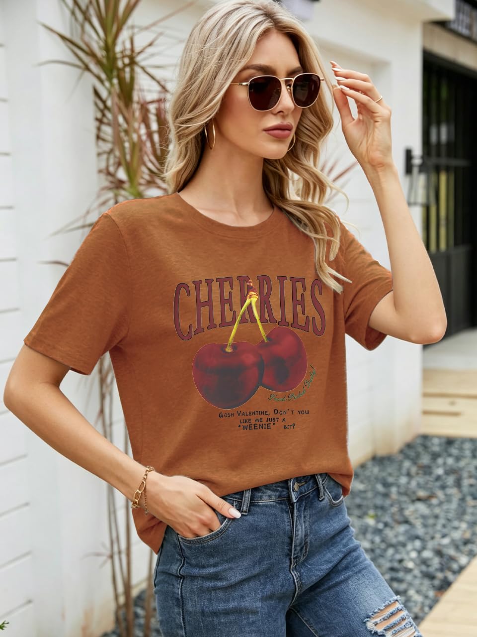 Cherry Graphic Tees Sweet Vibe Streetwear Shirt Short Sleeve Tops for Women