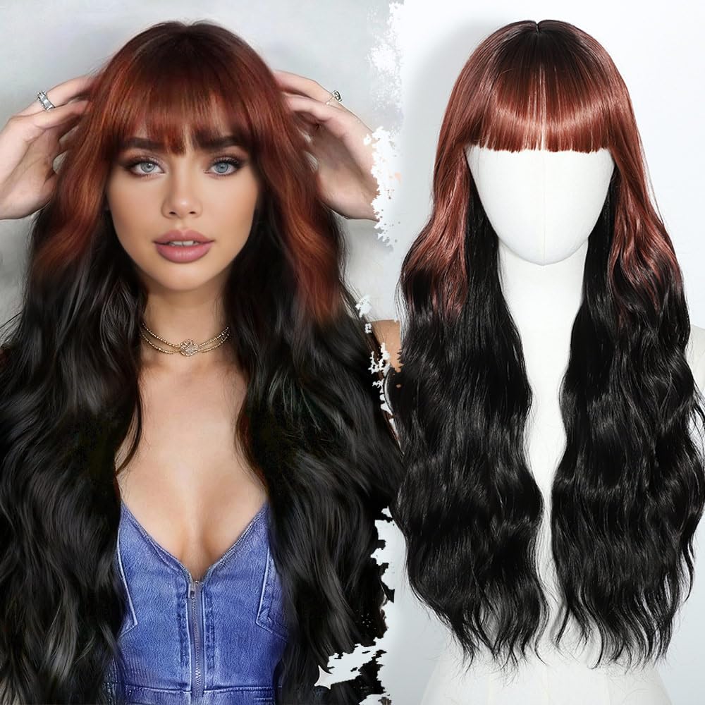 Black Wig with Bangs Long curly wavy Wigs for Women26In Synthetic Black Wig