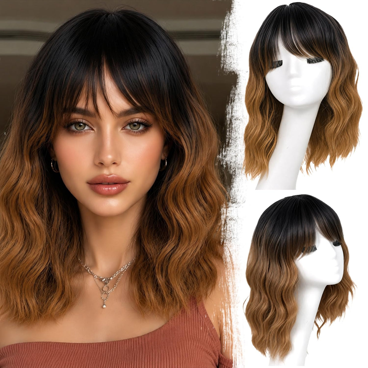 Brown Highlight T Part Lace Front Wig 14 Inch Wavy Bob Glueless Wig