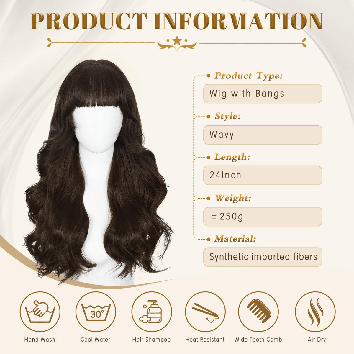 Rooted Honey Wig with Bangs for Women 24 Inch Long Wavy Synthetic Hair