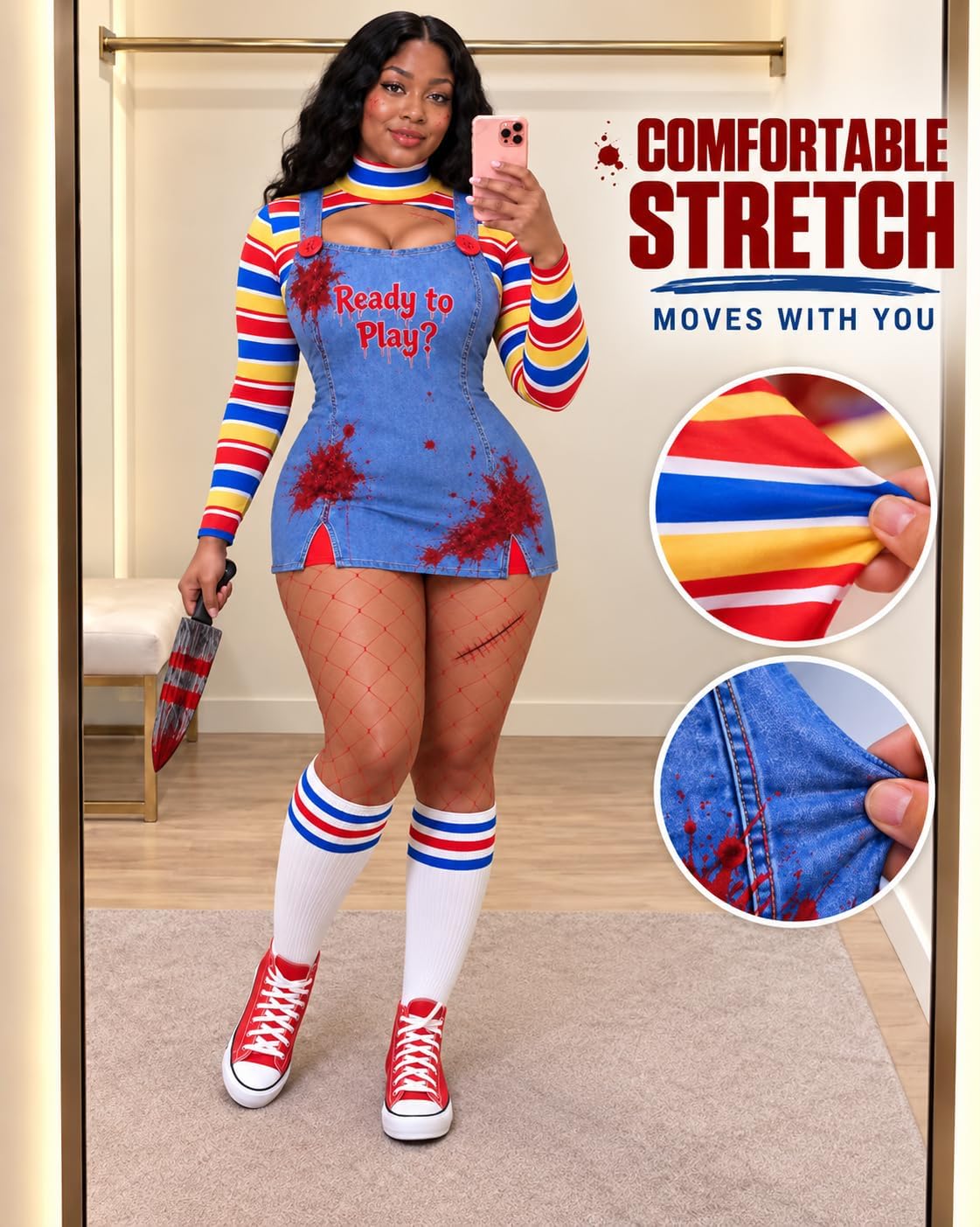 Halloween Killer Doll Costume for Women, Adult Creepy Doll Cosplay Set
