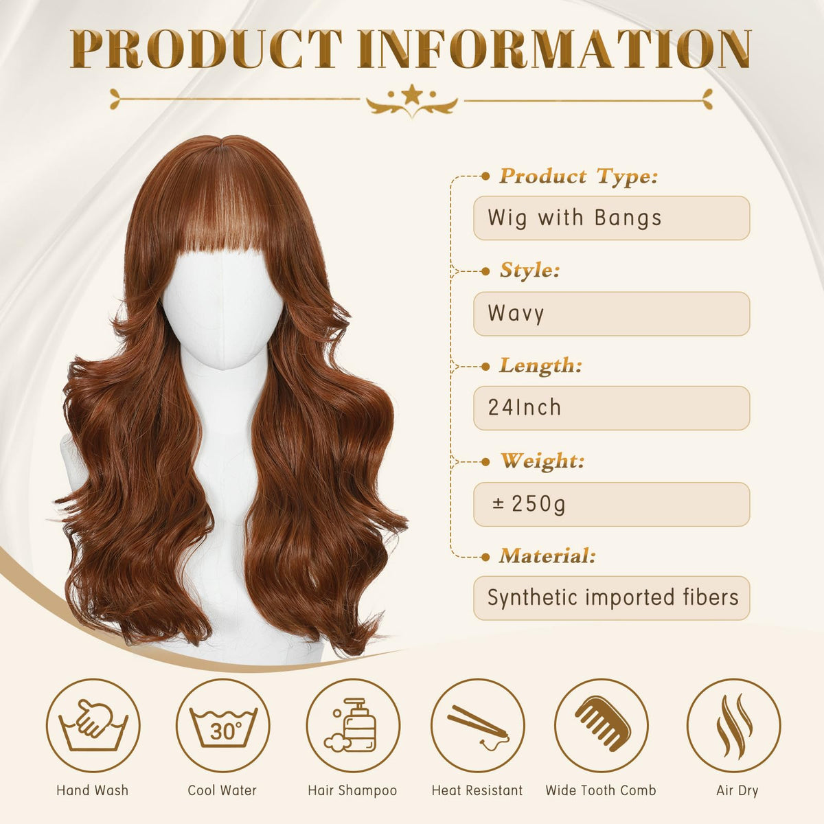 Rooted Honey Wig with Bangs for Women 24 Inch Long Wavy Synthetic Hair