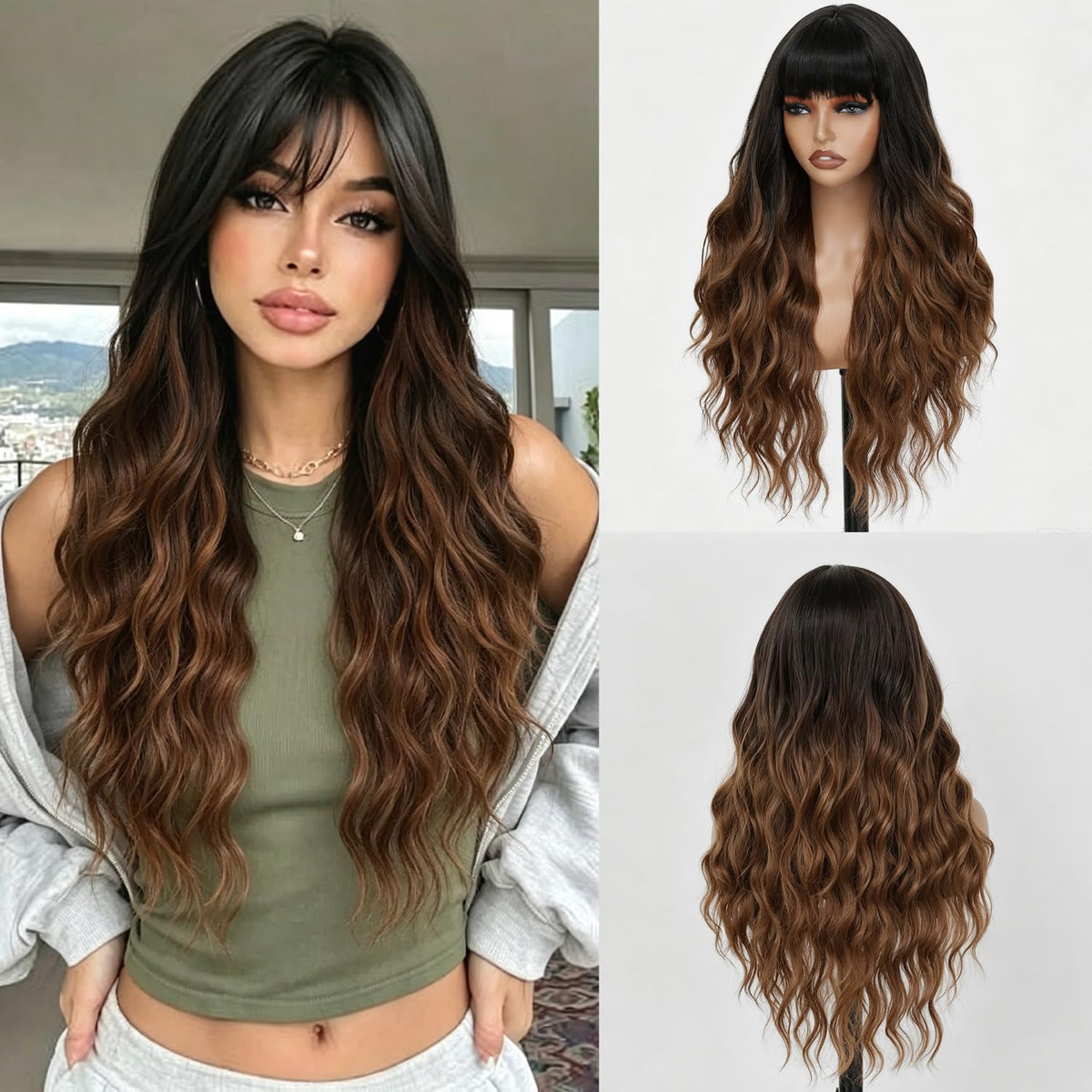Burgundy Wig with Bangs for Women, Long Wavy Red Wig 26 Inch Wigs Heat Resistant Sythetic Wig for Daily Party Use