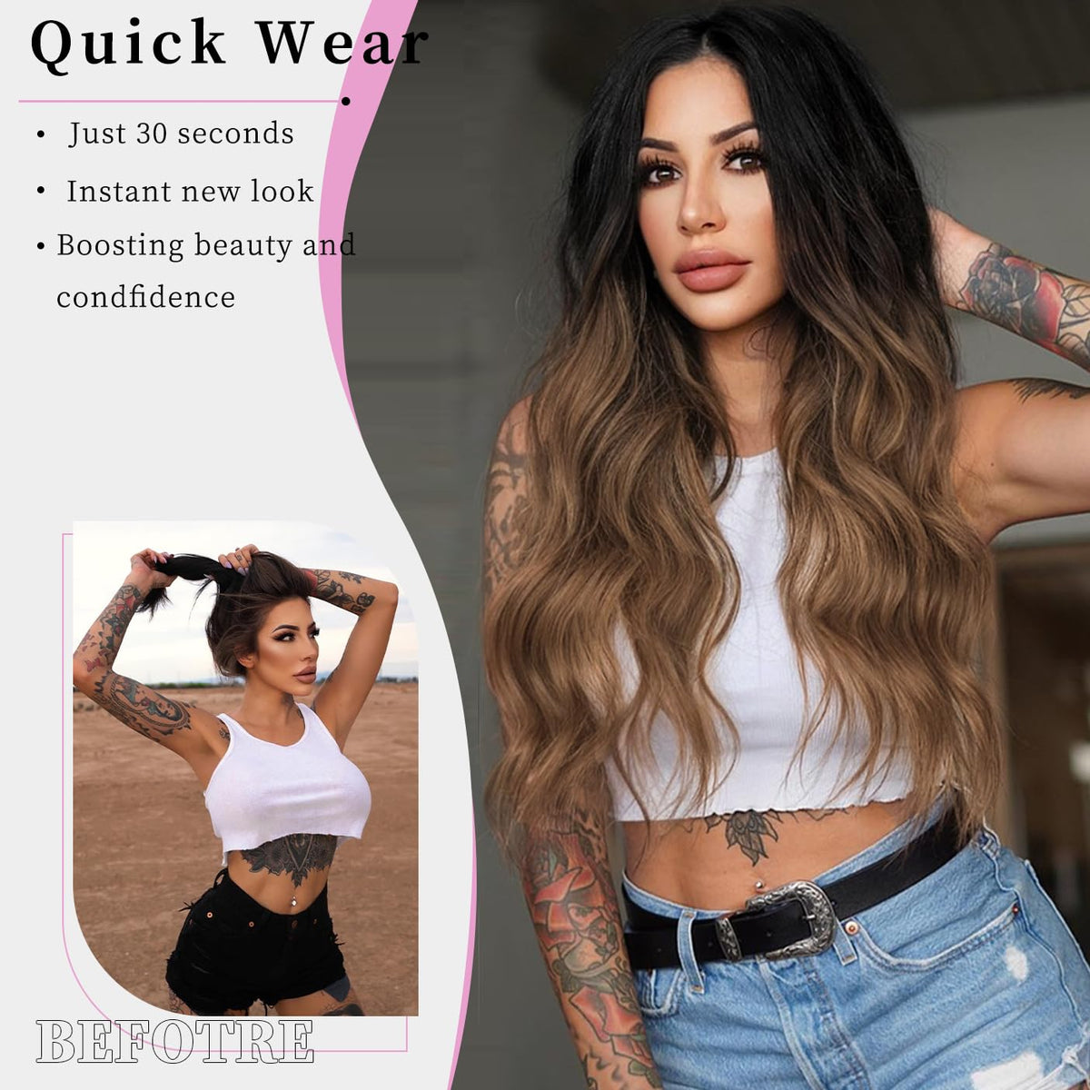 AISI HAIR Black Wig for Women, Long Wavy Lace Hairline Synthetic Wig 26Inch