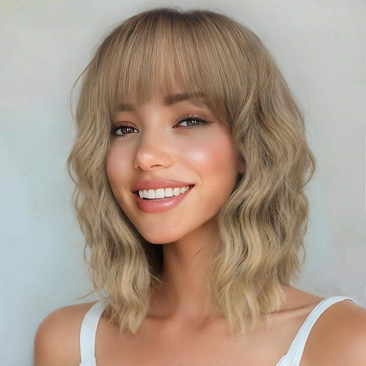 Nnzes Short Wavy Bob Wig with Bangs for Women Shoulder Length Curly Dark Brown with Purple Synthetic Heat-Resistant Fiber Hair for Daily & Party Use