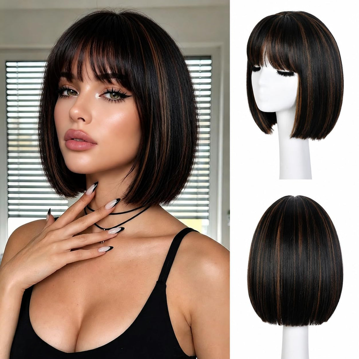 Hightlight Brown Bob Wig With Bangs Short Bob Wigs for Women Girl