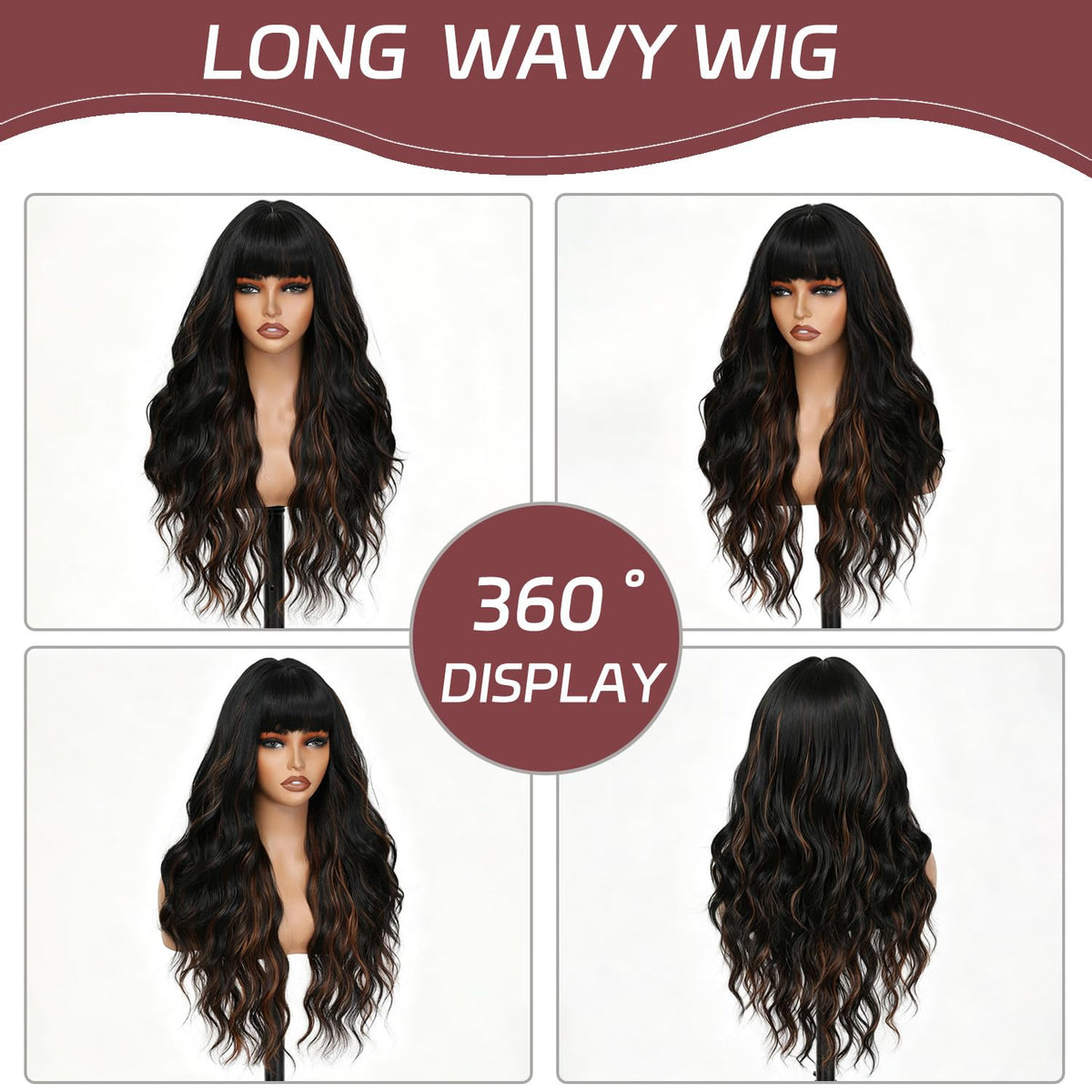 Burgundy Wig with Bangs for Women, Long Wavy Red Wig 26 Inch Wigs Heat Resistant Sythetic Wig for Daily Party Use