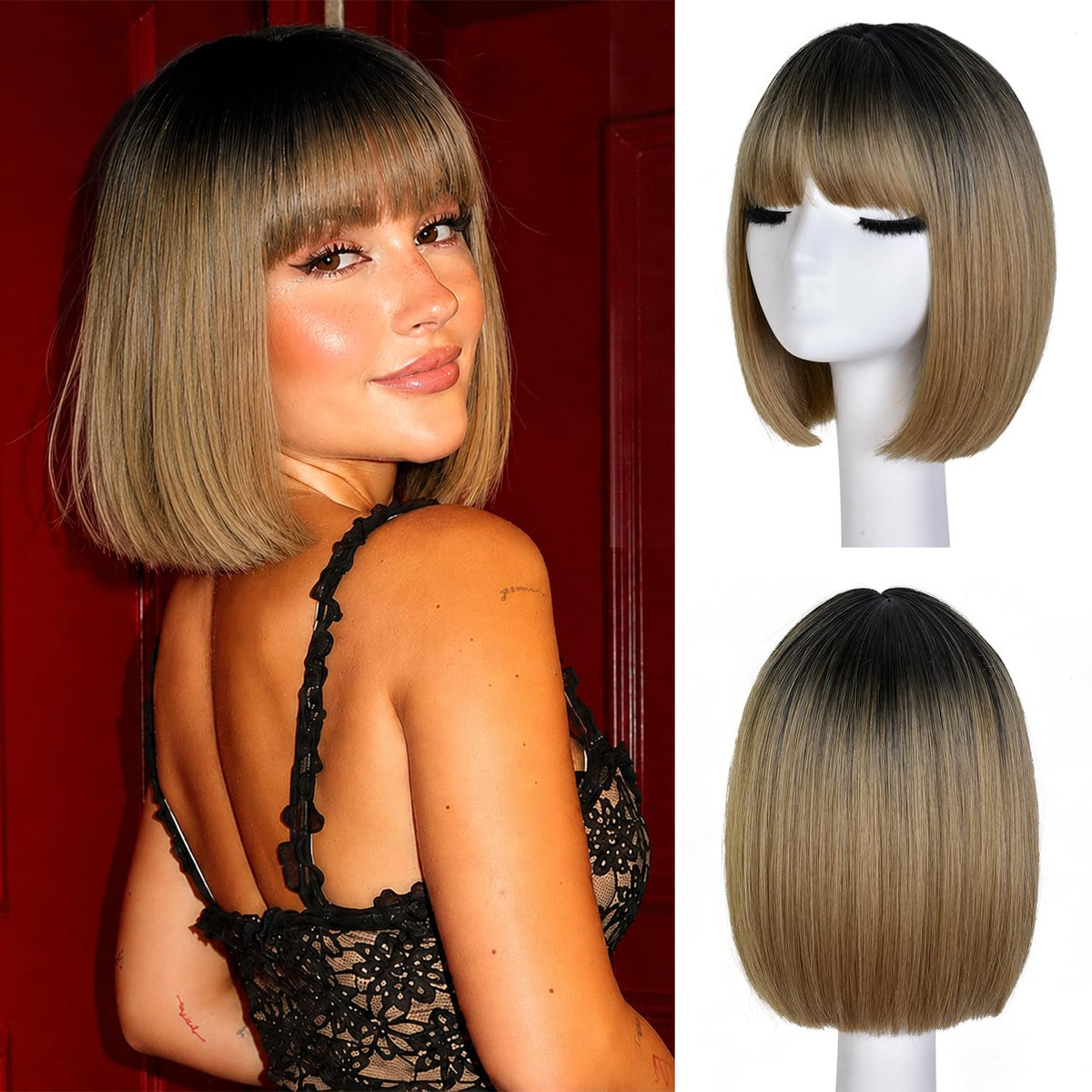 Hightlight Brown Bob Wig With Bangs Short Bob Wigs for Women Girl