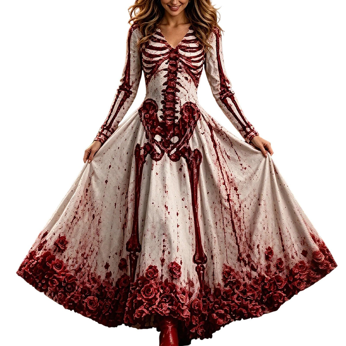 Halloween Dresses For Women V-Neck Skull Print Witch Costumes Gothic Dress
