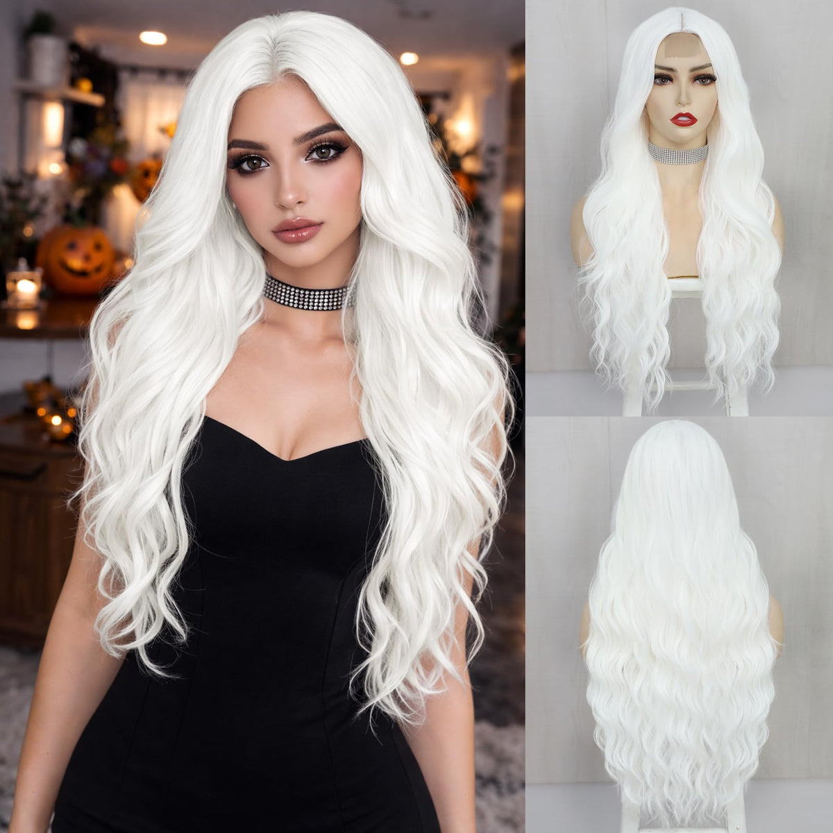 NAYOO 26 Inch Long Wavy Black Wig for Women, Middle Part Natural Looking Synthetic Wig, Heat Resistant Fiber Soft & Lightweight, Realistic Scalp Long Curly Wig for Daily Wear Party Cosplay