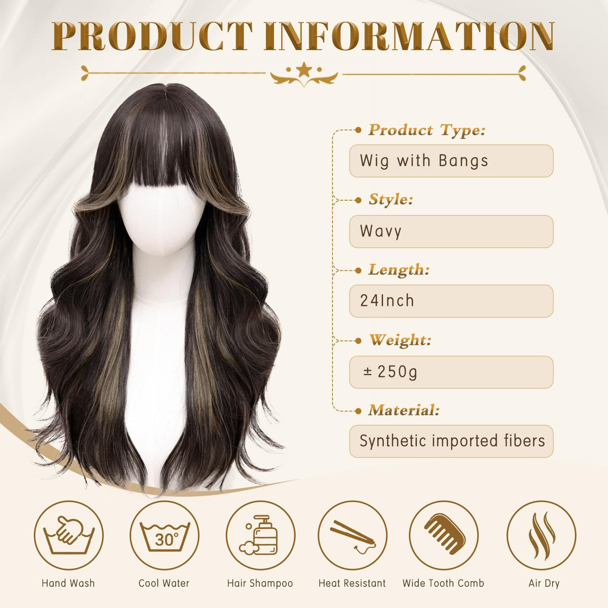 Rooted Honey Wig with Bangs for Women 24 Inch Long Wavy Synthetic Hair