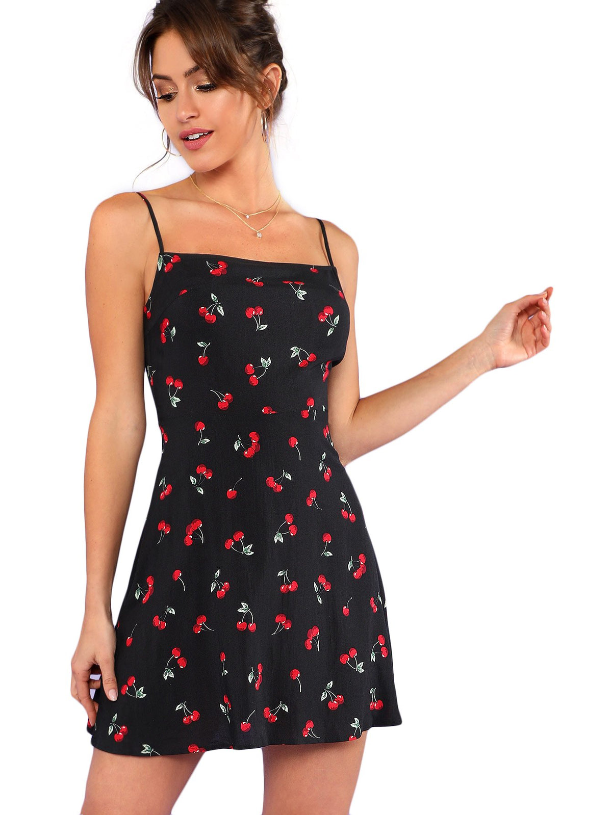 Floerns Women's Summer Floral Cherry Print A Line Short Cami Dress