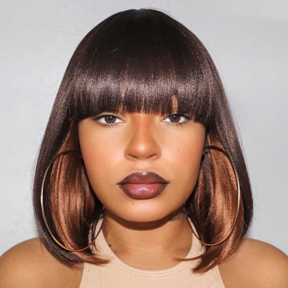 ToyoTress Bob Wig With Bangs - 12 Inch Peek-a-boo Color Short Bob Wig For Black Women Black Mix Brown Daily Costume Wigs, Light Yaki Straight Synthetic Hair Wigs Heat Resistant (12 Inch, SH30-612H)