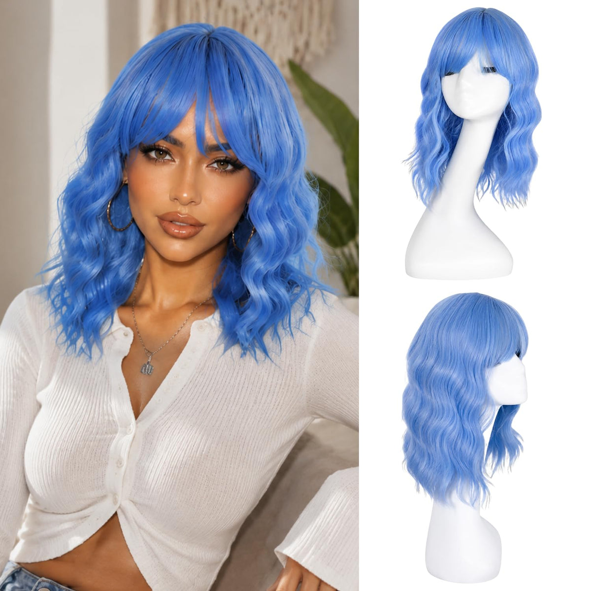 Short Wavy Wig with Bangs Black Mixed Brown Bob Curly Wigs for Women 14inch