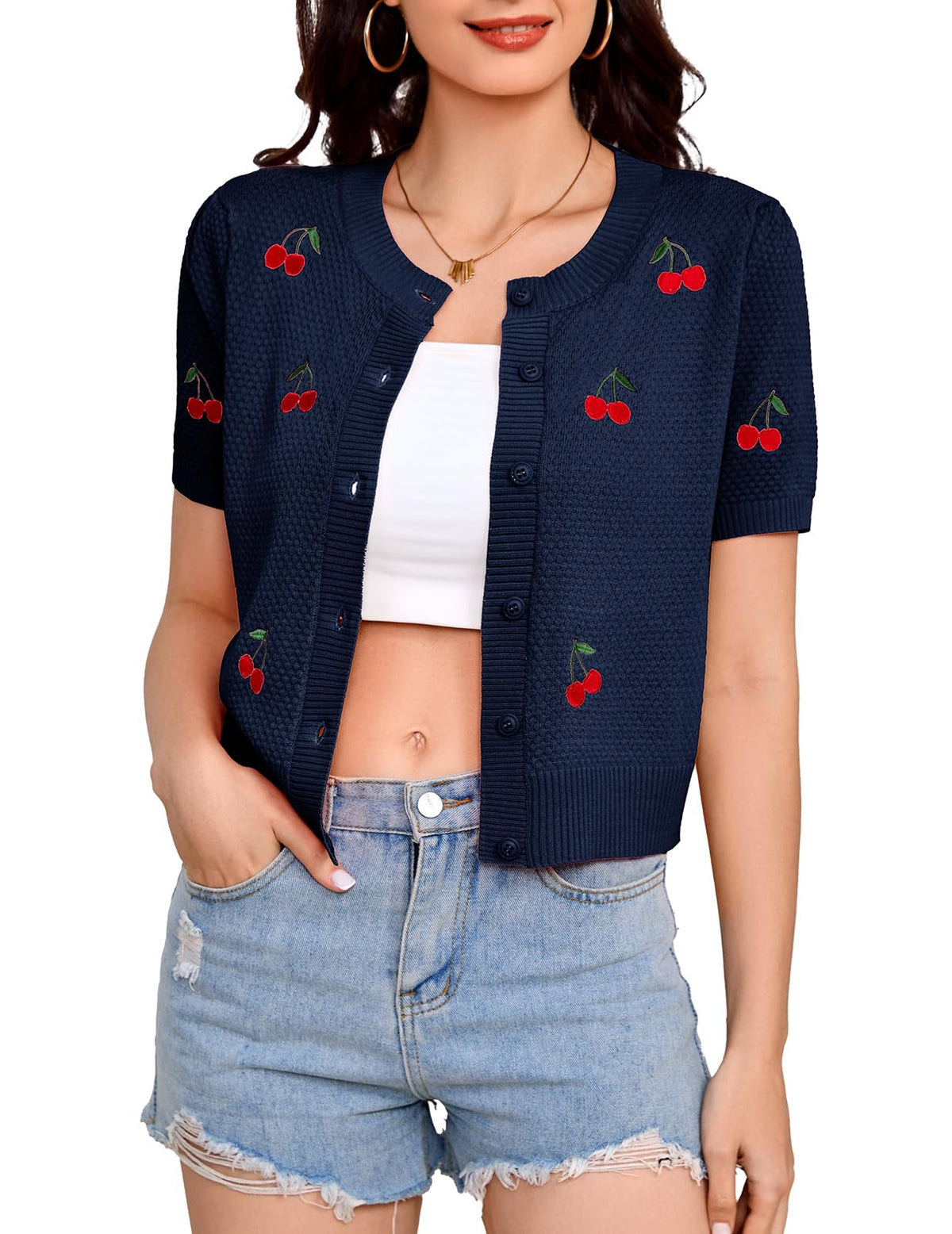 Bbonlinedress Women Cherry Short Sleeve Cardigan Tops Vintage Sweater Shirt