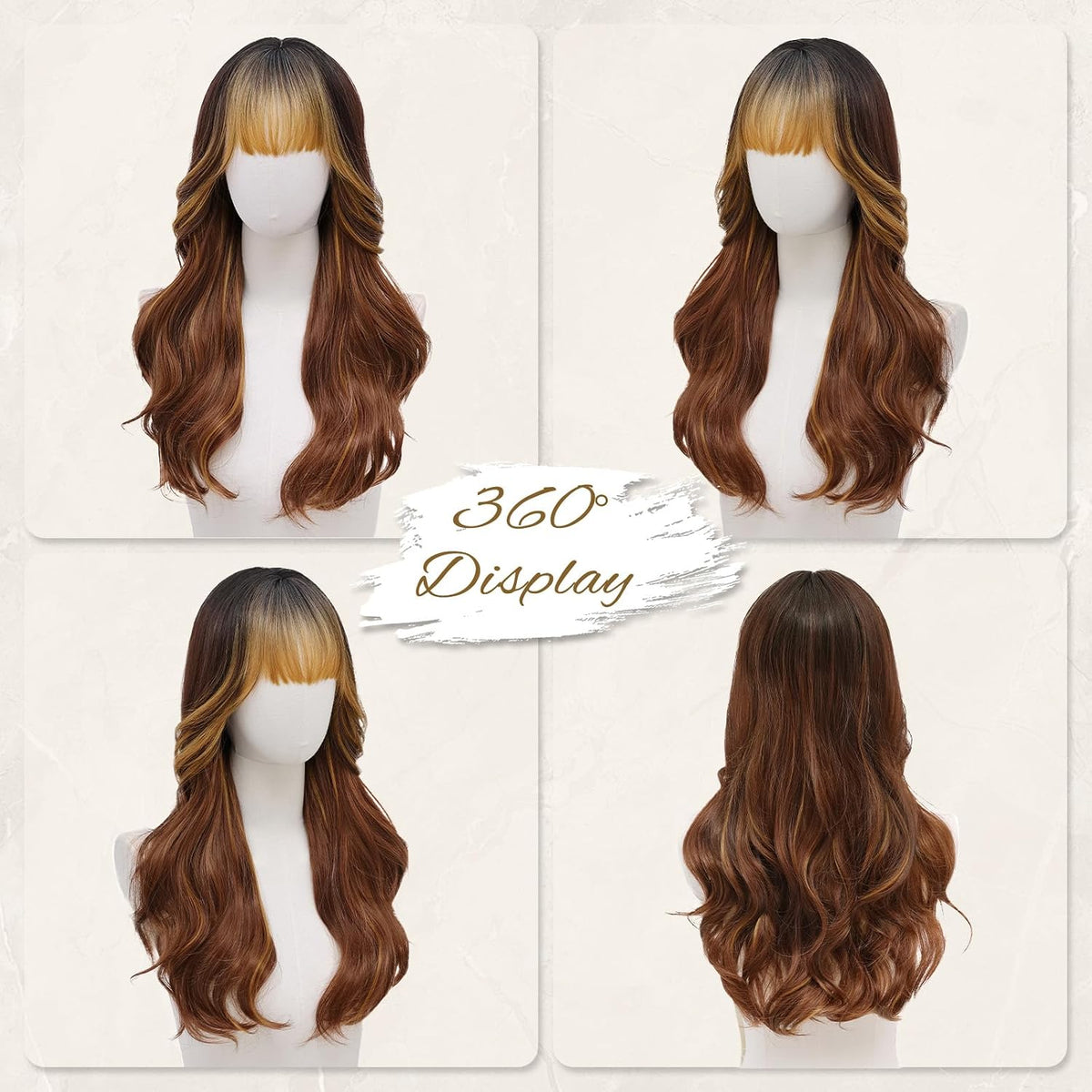 Rooted Honey Wig with Bangs for Women 24 Inch Long Wavy Synthetic Hair