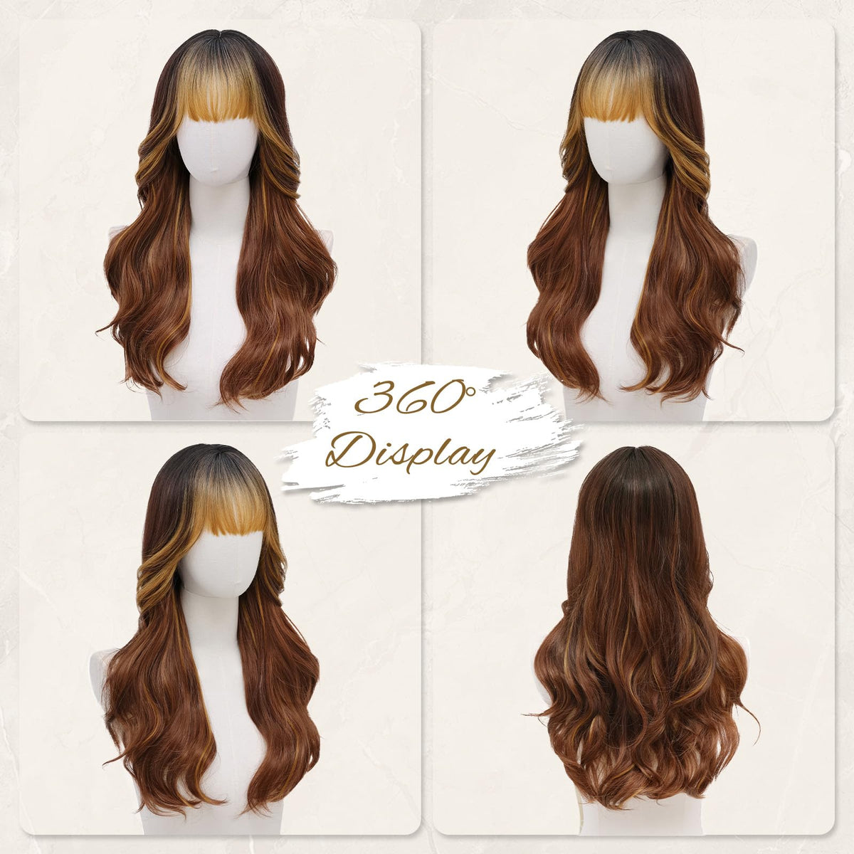 Rooted Honey Wig with Bangs for Women 24 Inch Long Wavy Synthetic Hair