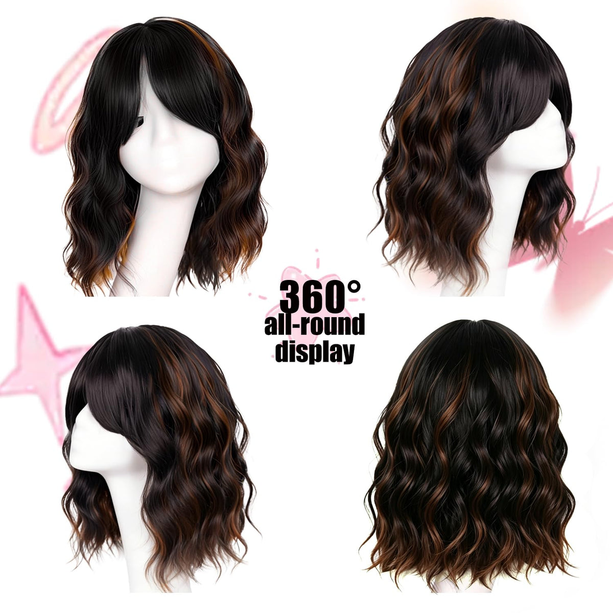 Short Wavy Wig with Bangs Black Mixed Brown Bob Curly Wigs for Women 14inch
