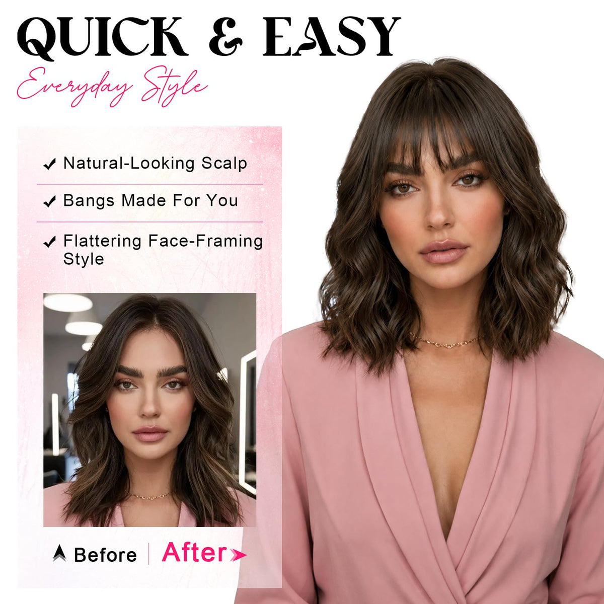 NOSTALGIA Wigs for Women, Short Wavy Bob Wig with Bangs, Trimmable Bangs, Shoulder Length, Black To Brown Heat Resistant Synthetic Wig for Daily Party Use, 14 Inch