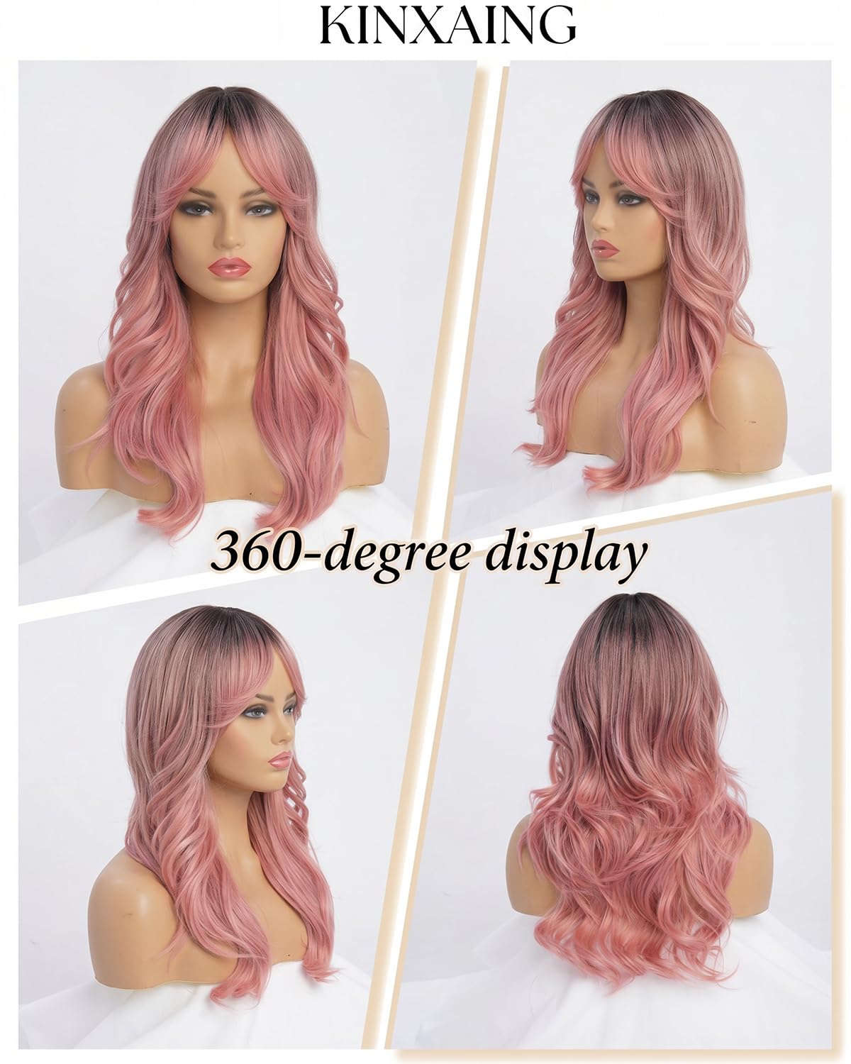Ombre Pink Wavy Wig with Curtain Bangs 26 Inch – Long Layered Synthetic Hair Wig for Women, Natural Looking Dark Root Heat Resistant Wig, Soft Thick Full Wig for Daily Wear Party Cosplay