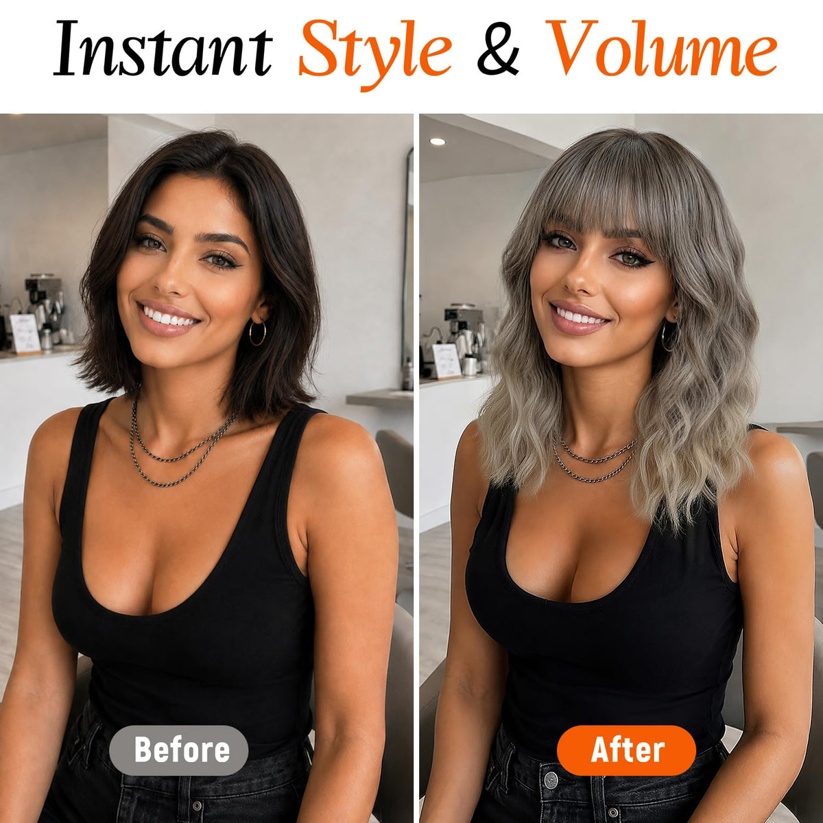 Nnzes Short Wavy Bob Wig with Bangs for Women Shoulder Length Curly Dark Brown with Purple Synthetic Heat-Resistant Fiber Hair for Daily & Party Use