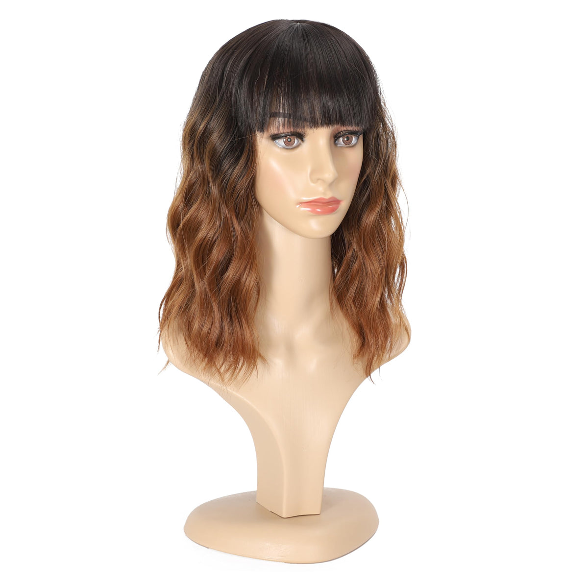Black Mixed Brown Wig for Black Women Short Wavy Curly Bob Wig with Bangs