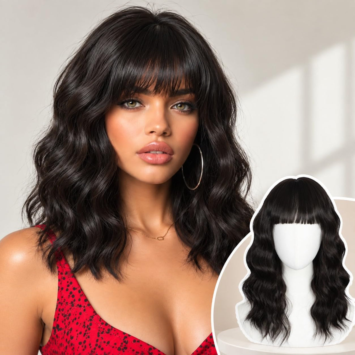 Black Wig with Bangs Long curly wavy Wigs for Women26In Synthetic Black Wig