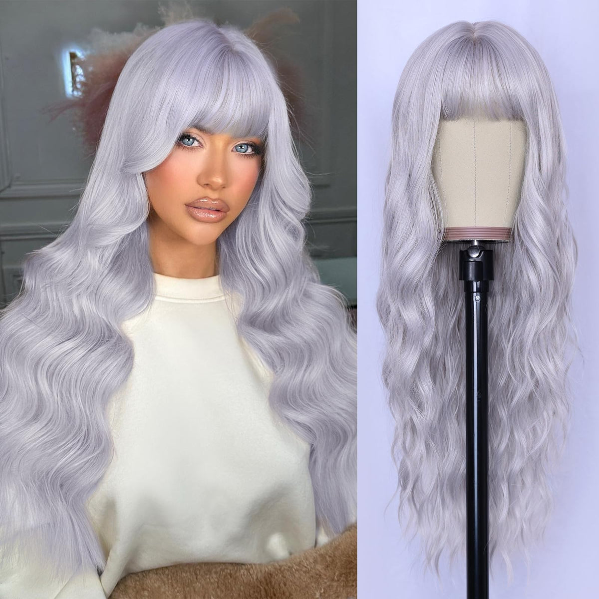 NAYOO Ice Blue Wig for Women, 26 Inch Middle Part Wavy Synthetic Wig