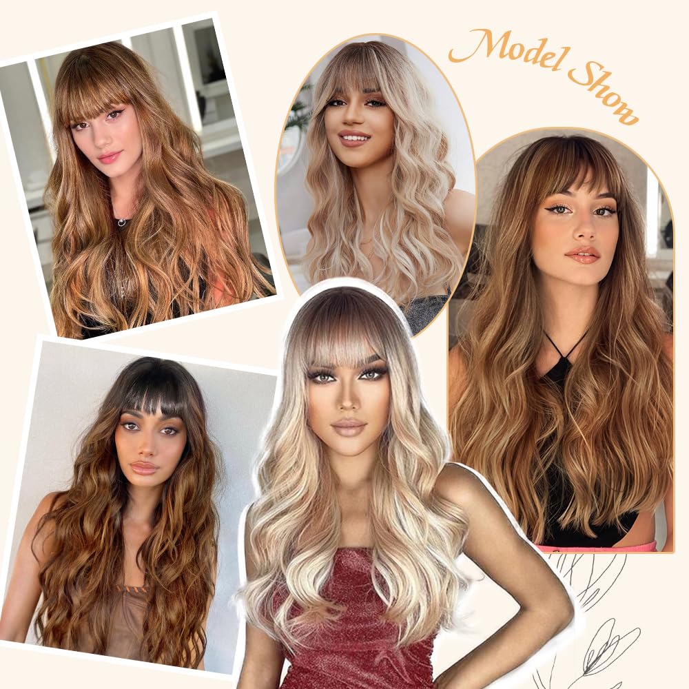 Black Wig with Bangs Long curly wavy Wigs for Women26In Synthetic Black Wig