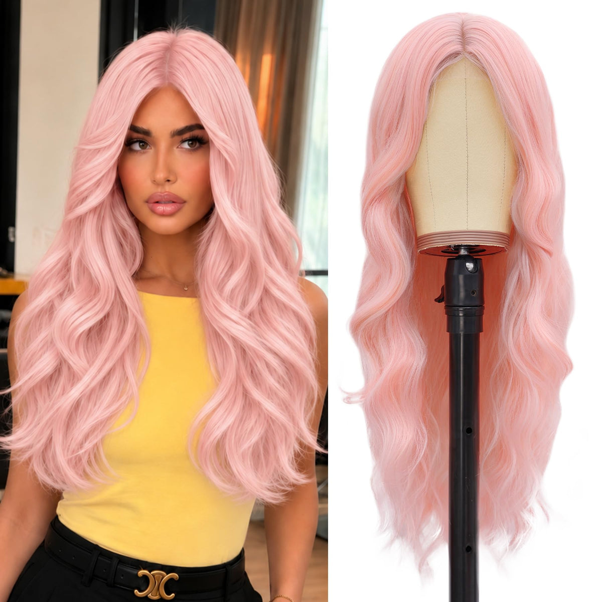 NAYOO Ice Blue Wig for Women, 26 Inch Middle Part Wavy Synthetic Wig