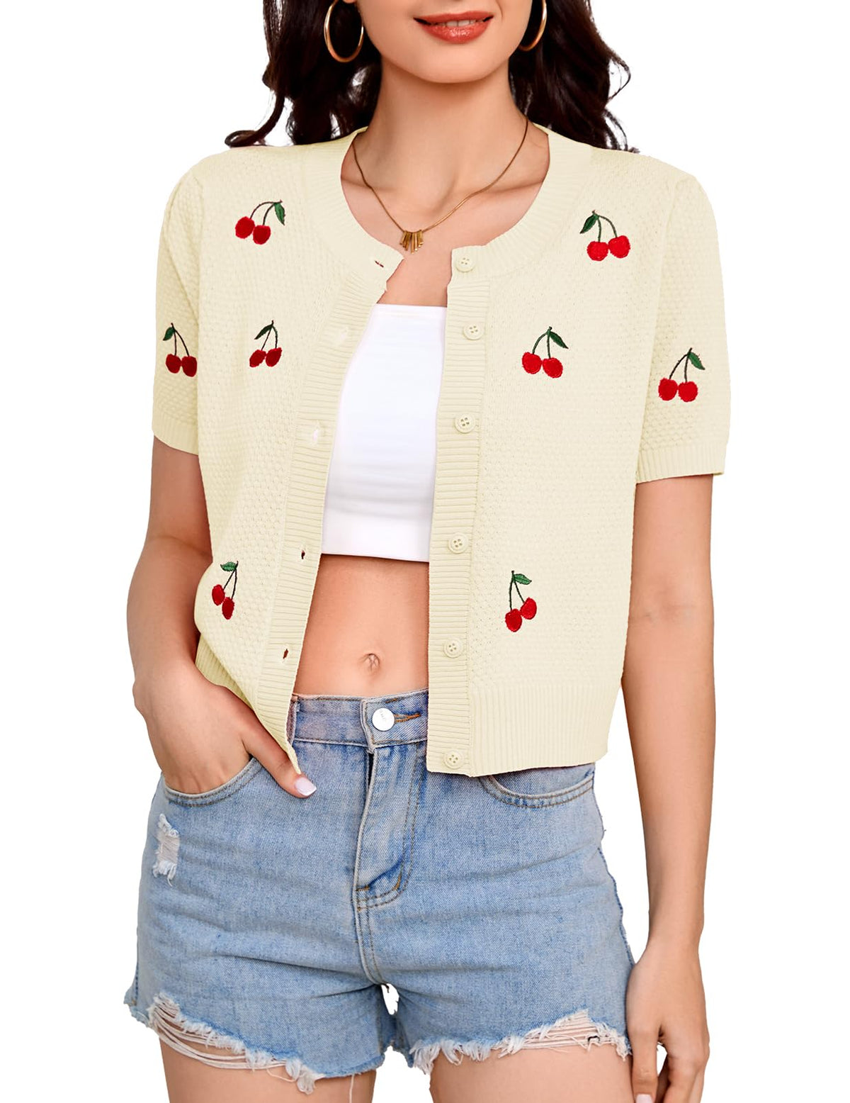 Bbonlinedress Women Cherry Short Sleeve Cardigan Tops Vintage Sweater Shirt