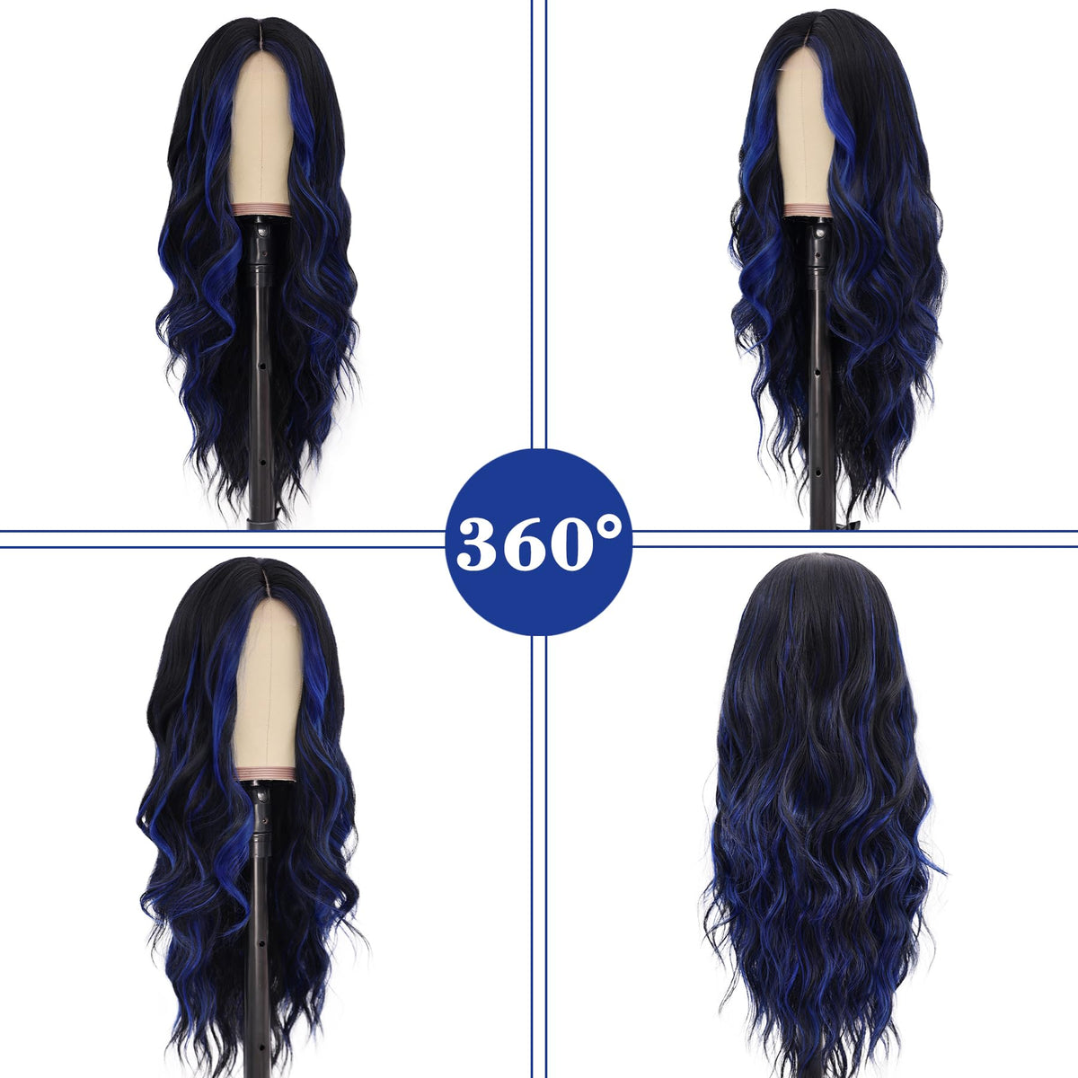 NAYOO Ice Blue Wig for Women, 26 Inch Middle Part Wavy Synthetic Wig