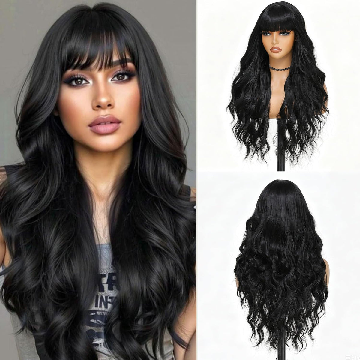 Burgundy Wig with Bangs for Women, Long Wavy Red Wig 26 Inch Wigs Heat Resistant Sythetic Wig for Daily Party Use