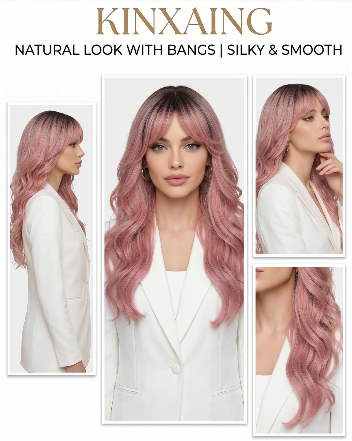 Ombre Pink Wavy Wig with Curtain Bangs 26 Inch – Long Layered Synthetic Hair Wig for Women, Natural Looking Dark Root Heat Resistant Wig, Soft Thick Full Wig for Daily Wear Party Cosplay