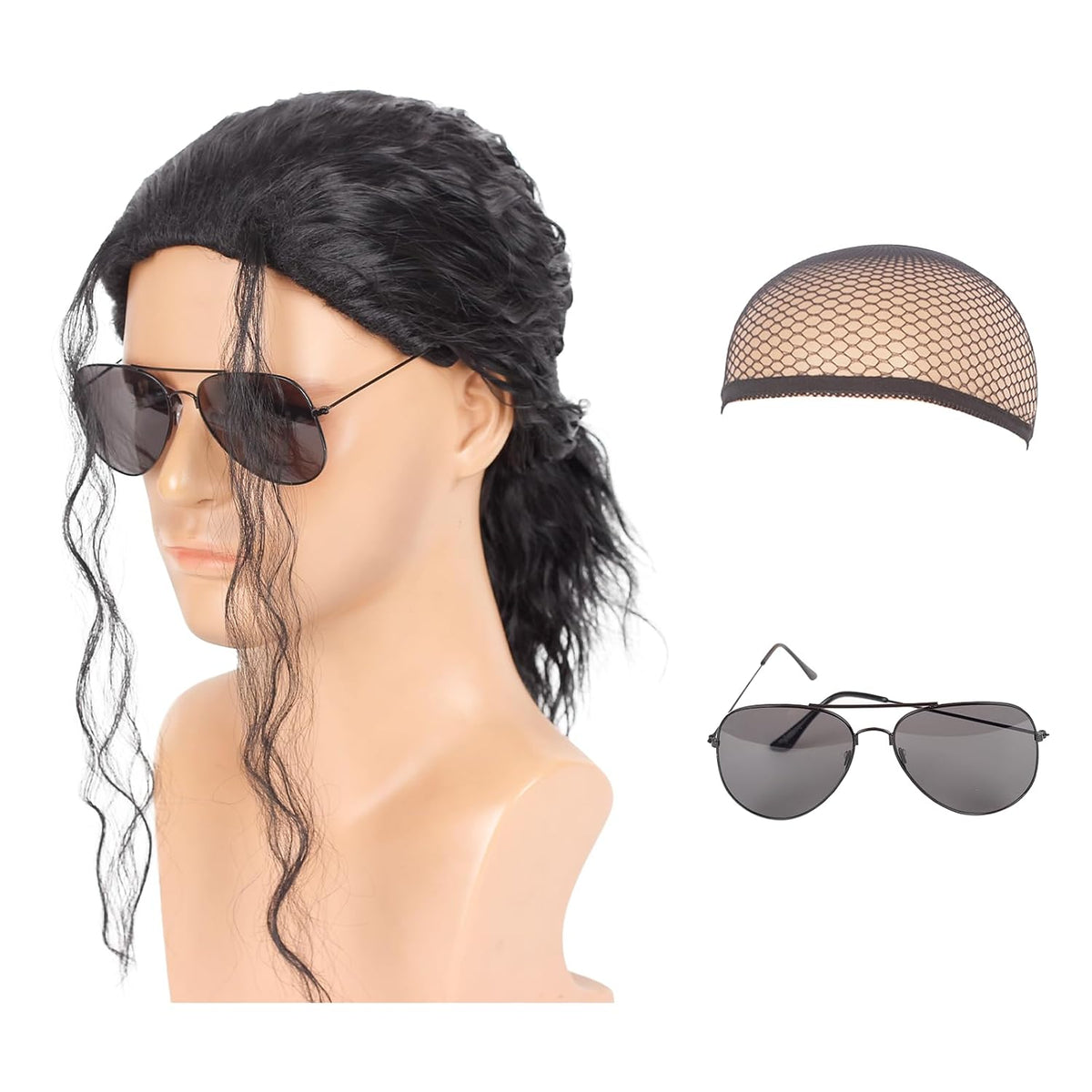 WeKen Mens Black Curly Wig for Cosplay Retro Rock Party Wig with Glasses