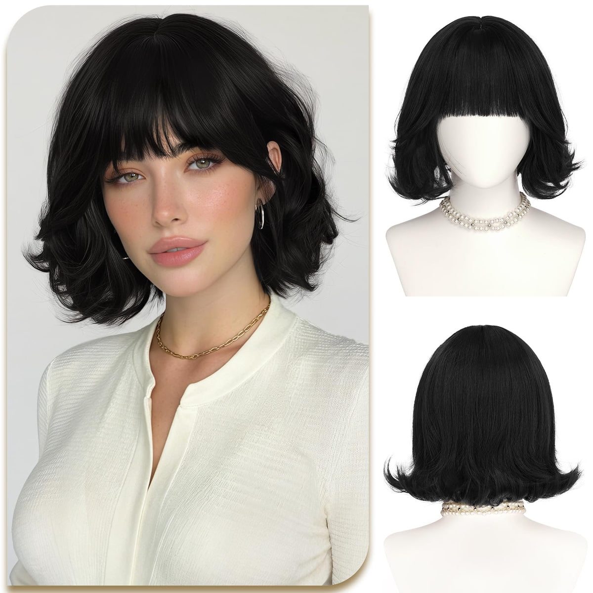 SOFEIYAN Short Wavy Violet Blue Wig - 12 Inch Dark Ginger Bob Wig with Bangs for Women Curly Shoulder Length Bob Wig with Bangs Soft Synthetic Hair Wigs for Girls Daily Party Use