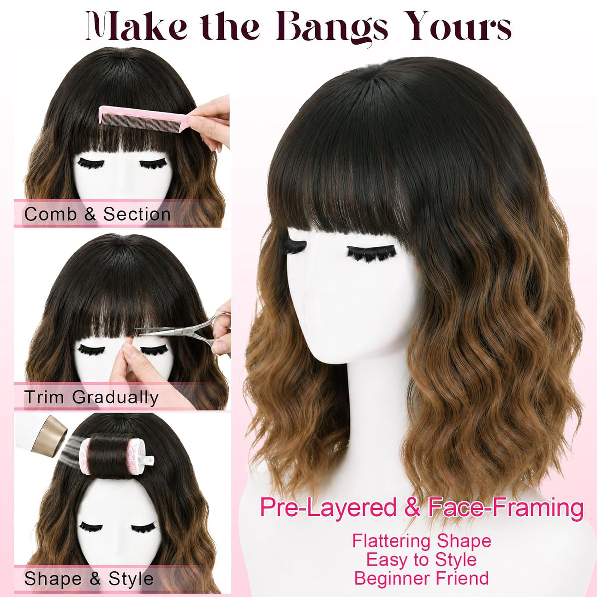 NOSTALGIA Wigs for Women, Short Wavy Bob Wig with Bangs, Trimmable Bangs, Shoulder Length, Black To Brown Heat Resistant Synthetic Wig for Daily Party Use, 14 Inch