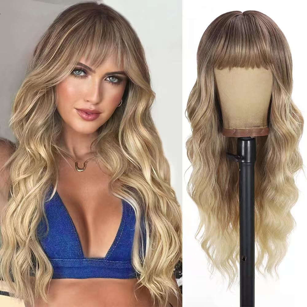 Black Wig with Bangs Long curly wavy Wigs for Women26In Synthetic Black Wig