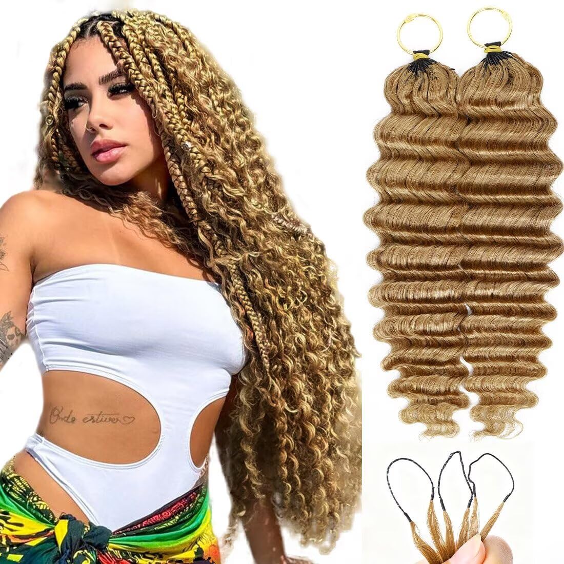 16 Inch Deep Wave Knotless Feather Crochet Human Hair #27 110g