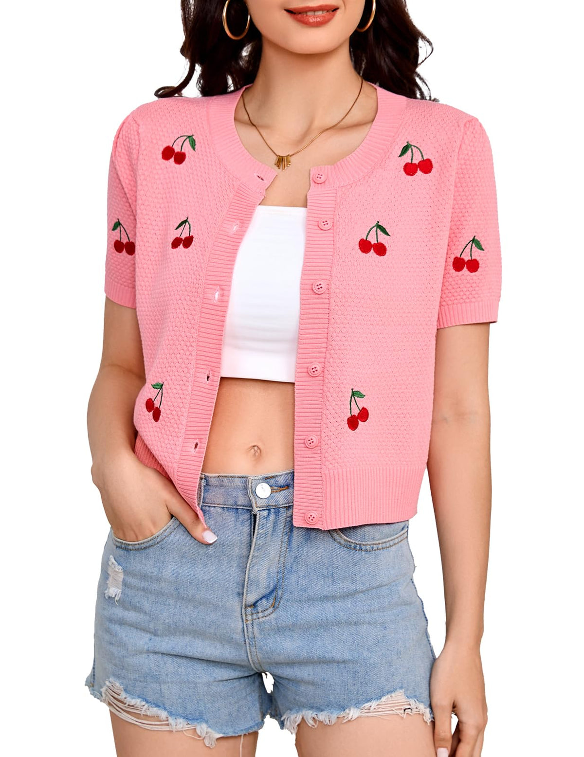 Bbonlinedress Women Cherry Short Sleeve Cardigan Tops Vintage Sweater Shirt