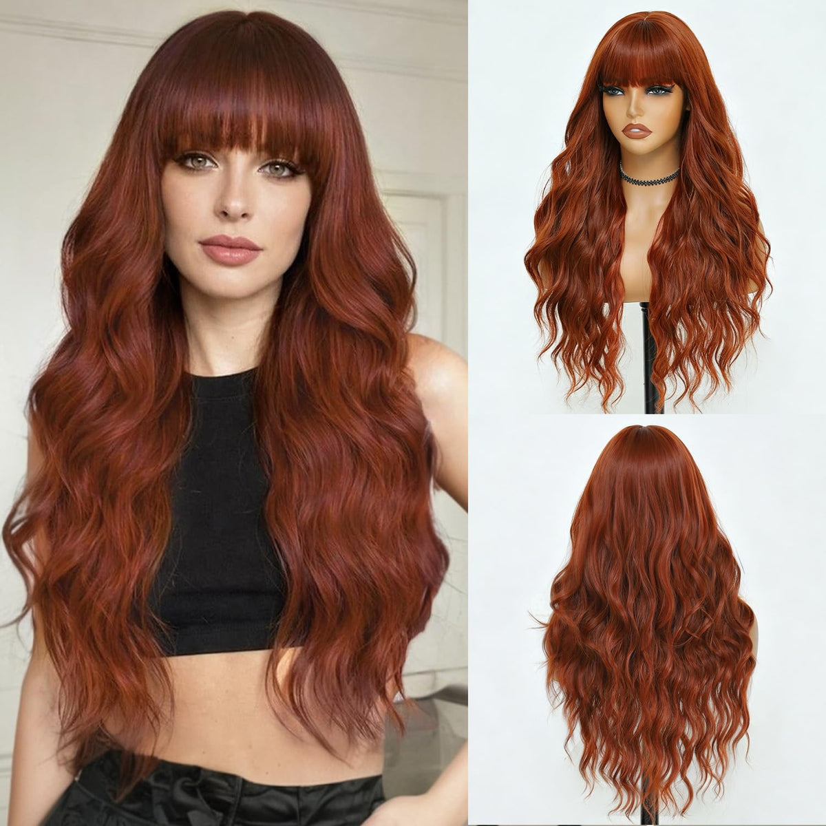 Burgundy Wig with Bangs for Women, Long Wavy Red Wig 26 Inch Wigs Heat Resistant Sythetic Wig for Daily Party Use