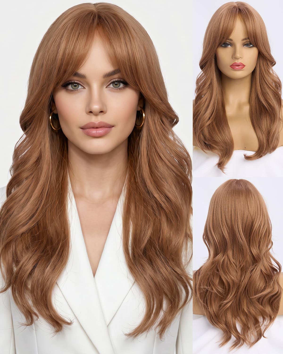 Ombre Pink Wavy Wig with Curtain Bangs 26 Inch – Long Layered Synthetic Hair Wig for Women, Natural Looking Dark Root Heat Resistant Wig, Soft Thick Full Wig for Daily Wear Party Cosplay