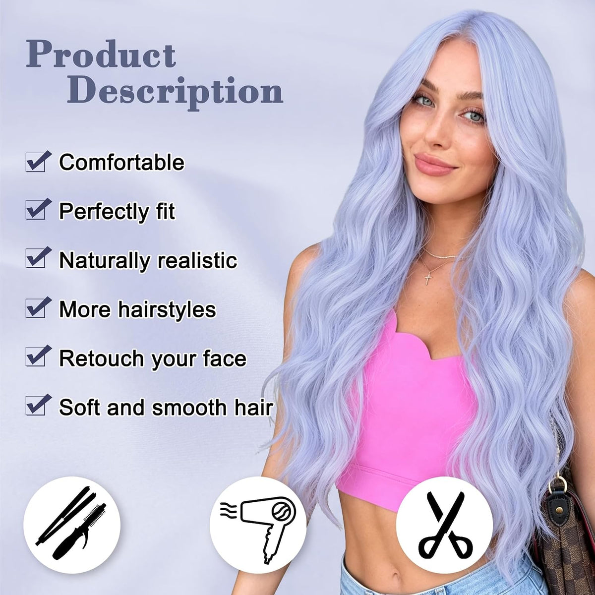 NAYOO Ice Blue Wig for Women, 26 Inch Middle Part Wavy Synthetic Wig