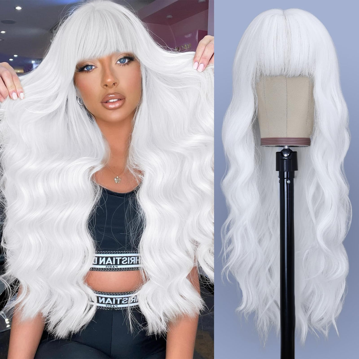 NAYOO Ice Blue Wig for Women, 26 Inch Middle Part Wavy Synthetic Wig