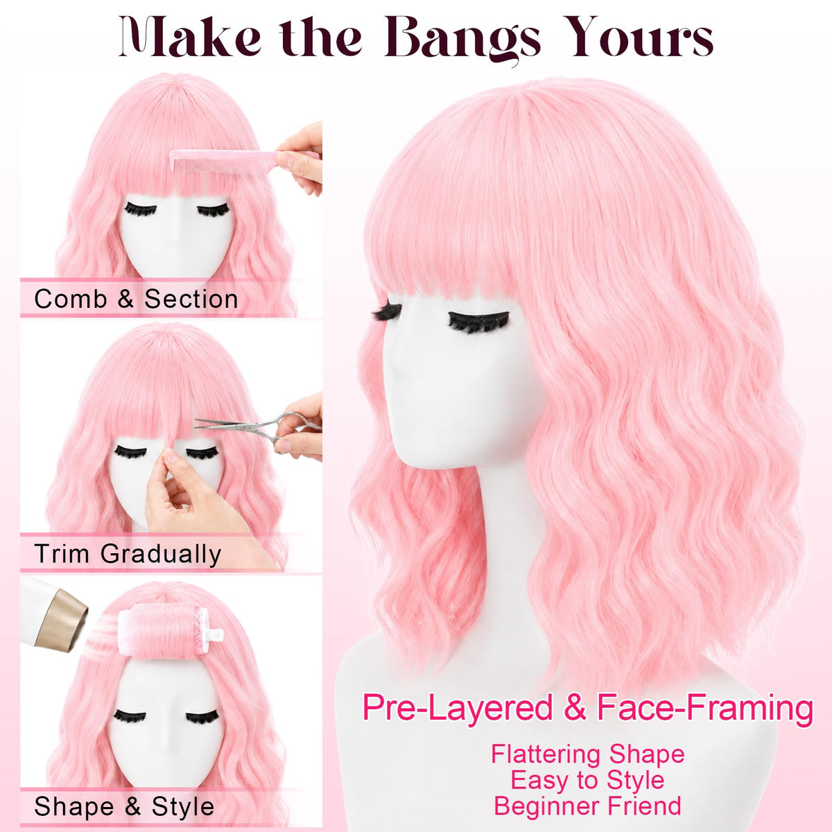 NOSTALGIA Wigs for Women, Short Wavy Bob Wig with Bangs, Trimmable Bangs, Shoulder Length, Black To Brown Heat Resistant Synthetic Wig for Daily Party Use, 14 Inch